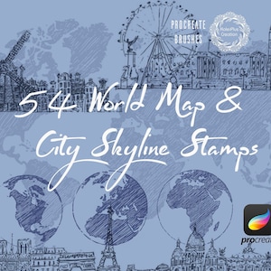 May include: A digital illustration of a world map with 54 city skyline stamps. The stamps are in a hand-drawn style and feature iconic landmarks from around the world. The image also includes the text "54 World Map & City Skyline Stamps" and the Procreate app logo.