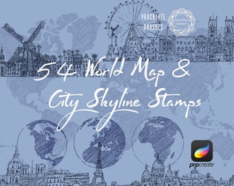 May include: A digital illustration of a world map with 54 city skyline stamps. The stamps are in a hand-drawn style and feature iconic landmarks from around the world. The image also includes the text "54 World Map & City Skyline Stamps" and the Procreate app logo.