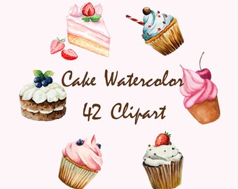 Cupcake Watercolor Clipart,Watercolor Cake Clipart,Pink Sweets Clip Art,300 dpi PNG Instant Download