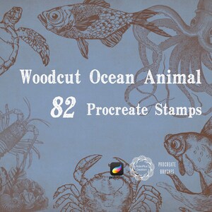 Ocean Animal Procreate Brushes Stamps, Woodcut Ocean Creature Procreate Brushsets, Procreate Brush Stamps, Procreate Brush Pack
