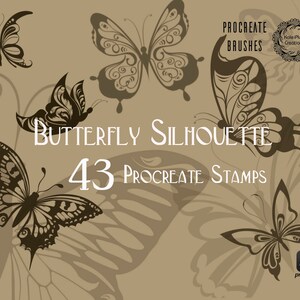 Pode incluir: 43 selos Procreate com silhuetas de borboletas em preto sobre um fundo marrom. O texto "Butterfly Silhouette" e "Procreate Stamps" também está incluído na imagem.