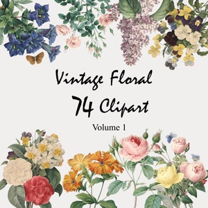 May include: Vintage floral clipart collection featuring 74 images of various flowers, including bluebells, lilacs, roses, and daffodils. The images are in a vintage style and are perfect for crafting and scrapbooking.
