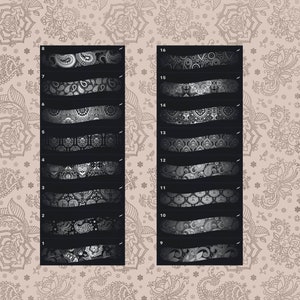 May include: A set of 16 black and white paisley patterns, numbered 1 through 16. Each pattern is a horizontal stripe with a different paisley design.
