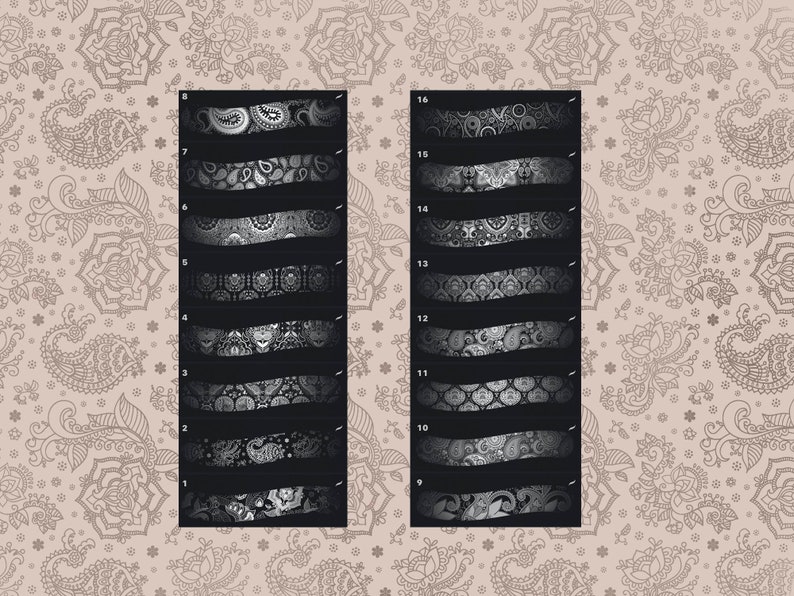 May include: A set of 16 black and white paisley patterns, numbered 1 through 16. Each pattern is a horizontal stripe with a different paisley design.