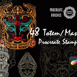 May include: Digital art product featuring 48 totem and mask Procreate stamps. The image showcases a variety of stylized tribal masks in shades of orange, red, and teal against a black background. Text includes "Procreate Brushes" and "48 Totem/Mask Procreate Stamps."