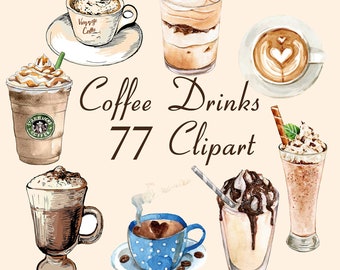 Coffee Drinks Watercolor Clipart,Summer Drinks Clipart,Watercolor Cocktail Clipart,Drink Clip Art, 300 dpi PNG Instant Download