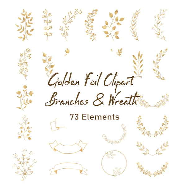 Golden Foil Branches Clipart,Leaves Branches,Leaves Clipart,Gold Foil Foliage Clipart,Leaves Floral Elements PNG