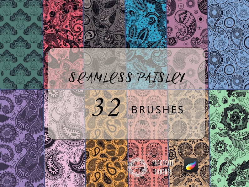 May include: A set of 32 seamless paisley pattern brushes. The patterns are in various colors, including pink, blue, green, and black. The text "Seamless Paisley 32 Brushes" is displayed on the image.