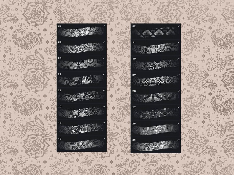 May include: A set of 16 black and white paisley patterns, numbered 18 through 32. The patterns are arranged in a vertical column on a white background.
