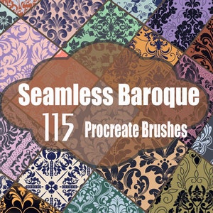 Può includere: Una collezione di 115 motivi barocchi senza cuciture in una varietà di colori e design. Questi motivi sono perfetti per creare arte digitale, sfondi e altro ancora. Seamless Baroque 115 Procreate Brushes.