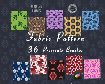 May include: 36 Procreate brushes featuring fabric patterns. The patterns include floral, geometric, and leaf designs in various colors, including green, red, blue, and purple.