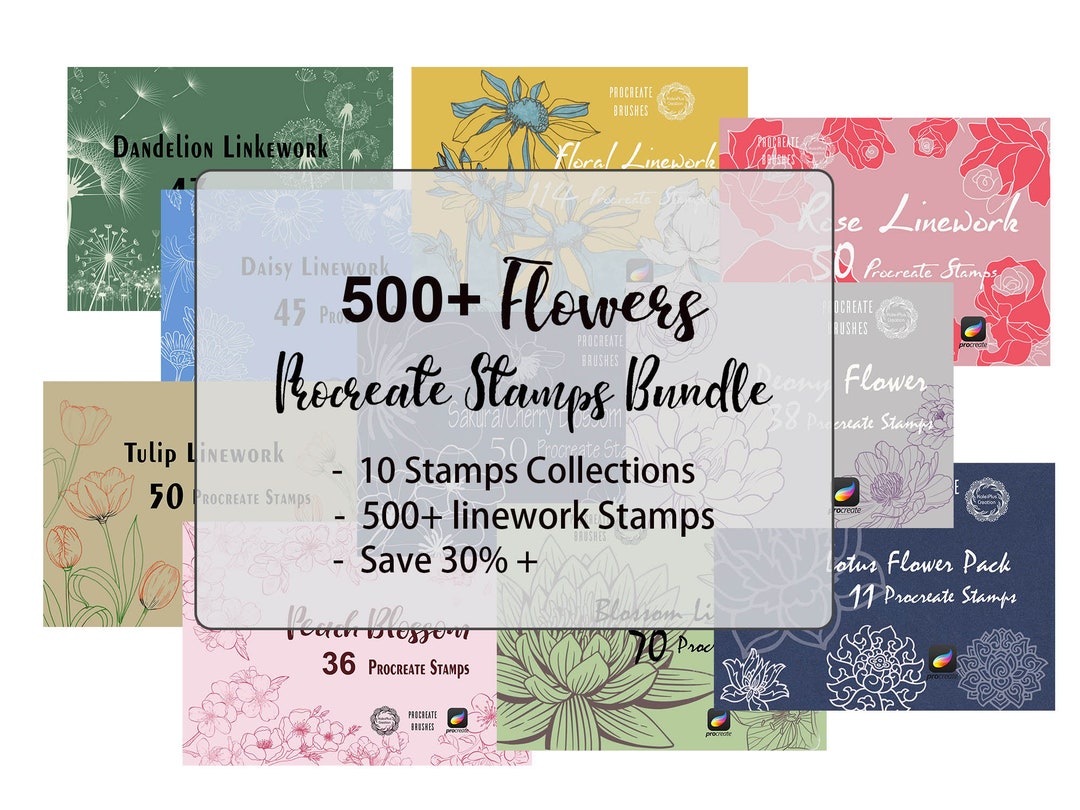 10 Flower Procreate Stamps Collection Mega Bundle, 500+ Flora Linework ...