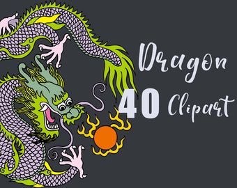 Dragon Clipart, Japanese Chinese Dragon Clipart, 40 Elements 300 dpi PNG, Instant Download