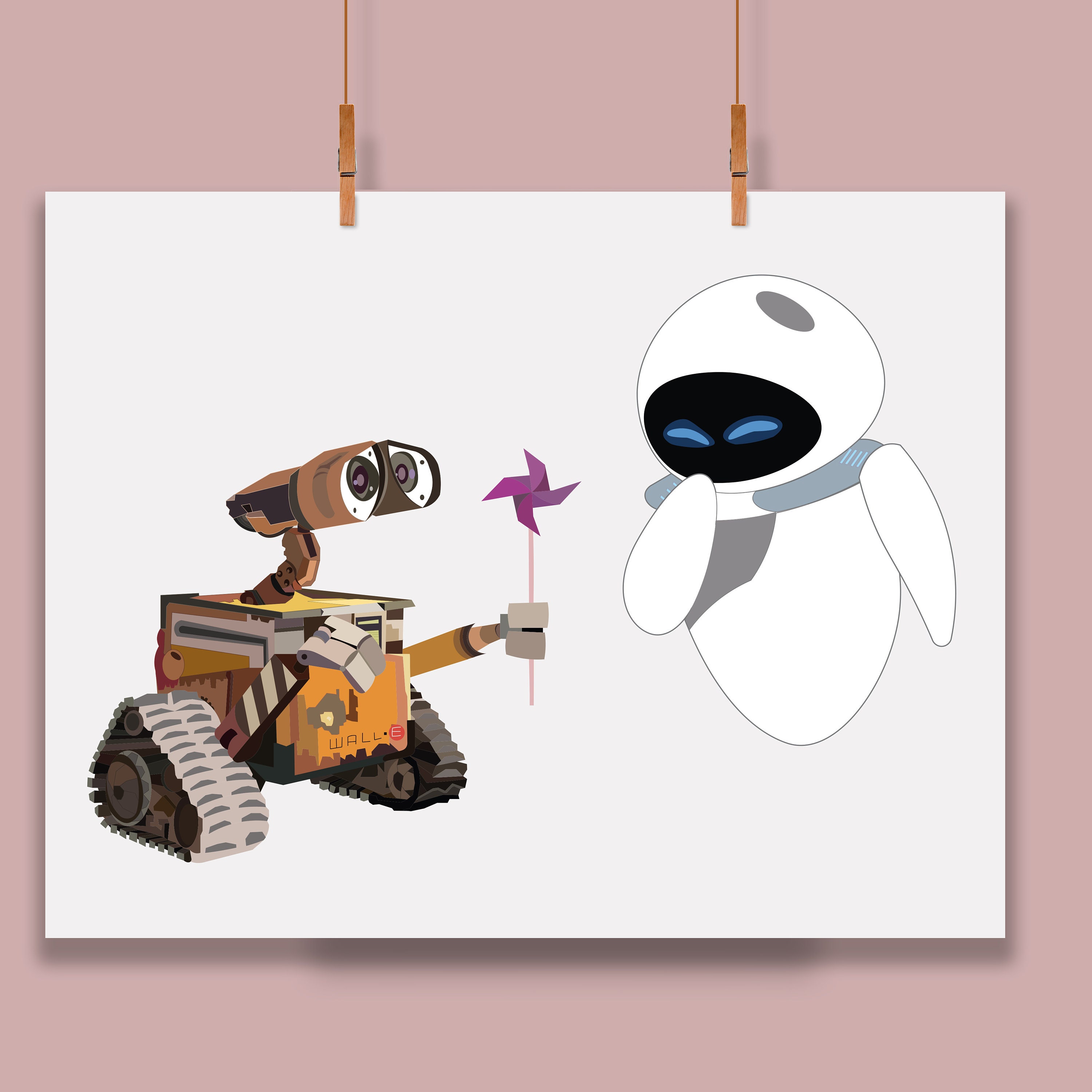 Walle Poster, Walle and Eve Flat Design Poster, Pixar Character Flat
