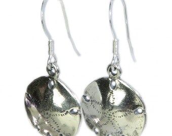 Sand Dollar Shell sterling silver earrings .925 x 1 pair drops