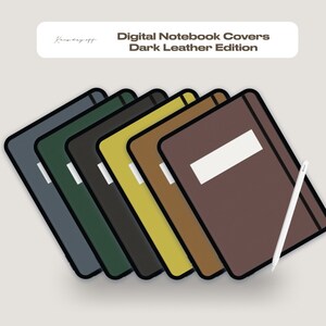 Può includere: Un set di sei copertine per notebook digitali in pelle scura con uno stilo bianco. Le copertine sono in varie tonalità di marrone, verde, blu e giallo. Il testo "Digital Notebook Covers Dark Leather Edition" è in alto nell'immagine.