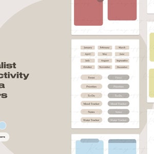 以下が含まれることがあります： 4色の異なる色（黄色、赤、ベージュ、青）のミニマリストな生産性アジェンダステッカーのセット。ステッカーには、月間カレンダー、フォーカス、優先事項、やること、気分トラッカー、メモ、ウォータートラッカーが含まれています。