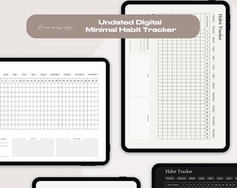 May include: Three digital habit tracker templates in black and white. The first template has a calendar grid for tracking habits from January to December. The second template has a calendar grid for tracking habits with a blank space for notes. The third template has a calendar grid for tracking habits with a black background.