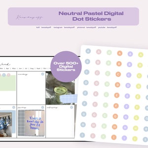 Könnte beinhalten: Eine digitale Planerseite mit einem Wochenlayout, die pastellfarbene Punkt-Aufkleber mit Buchstaben des Alphabets enthält. Die Planerseite hat Abschnitte für jeden Tag der Woche mit Platz für Notizen und Aufgaben. Die Aufkleber sind in verschiedenen Pastellfarben, darunter Rosa, Blau, Gelb und Grün.