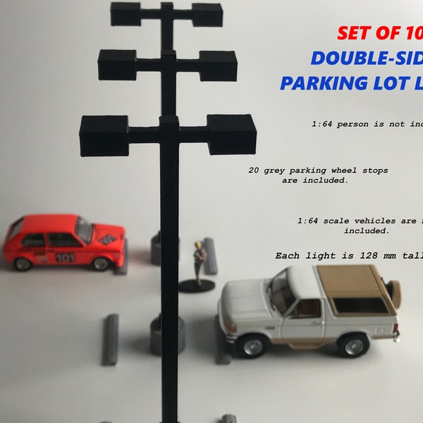 1/64 Scale (S Scale) Two Sided Parking Lot Light Lights Set of 5 and 20 Concrete Parking Lot Stops (Matchbox and Hotwheels Compatible)