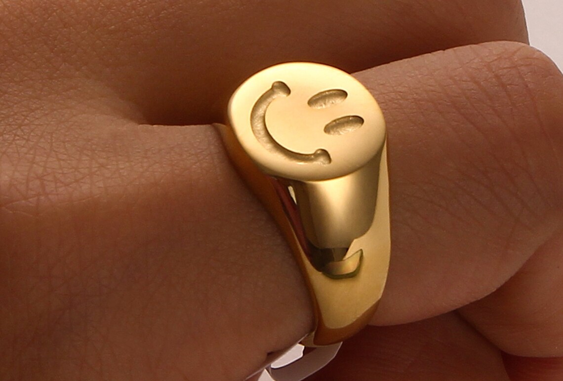 18K Gold Smiley Face Ring Happy Face Ring Stainless STEEL Etsy