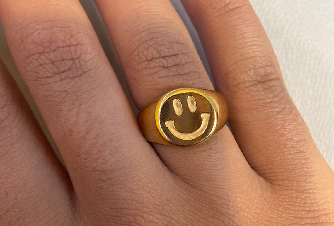 18K Gold Smiley Face Ring Happy Face Ring Stainless STEEL Etsy