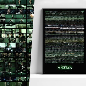 May include: A framed poster with a montage of scenes from "The Matrix" on the left, and a digital art print on the right. The digital art print has a black background with green and white horizontal lines, and the word "MATRIX" in green.