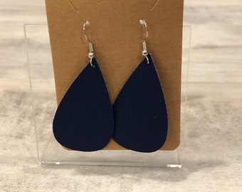 Navy Blue Faux Leather Teardrop Earrings