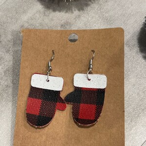 Winter Mittens Red & Black Plaid Faux Leather Earrings/Festive Earrings/Faux Leather Earrings/Winter Earrings/Drop Statement Earrings/Unique