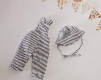 Striped Garden Set - Handmade overalls and hat for 21 inch stuffed animals