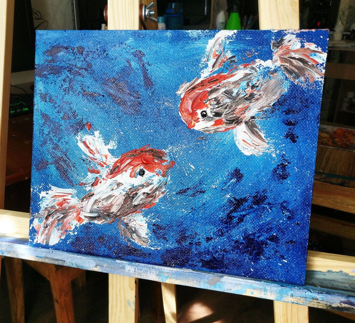 Koi Fish Painting Underwater Japanese Wall Art Original Small Etsy