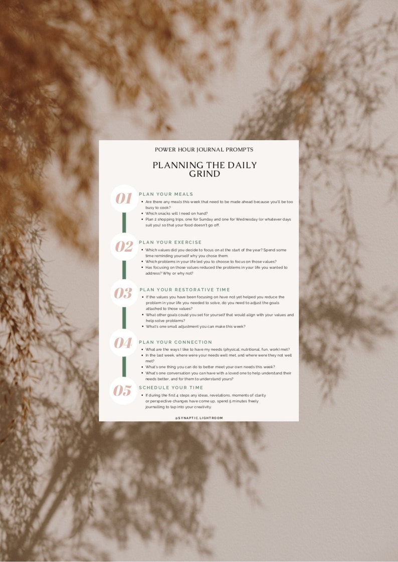 May include: A printable worksheet with five steps to help you plan your daily grind. The steps are: Plan Your Meals, Plan Your Exercise, Plan Your Restorative Time, Plan Your Connection, and Schedule Your Time. The worksheet is on a light brown background with green accents.