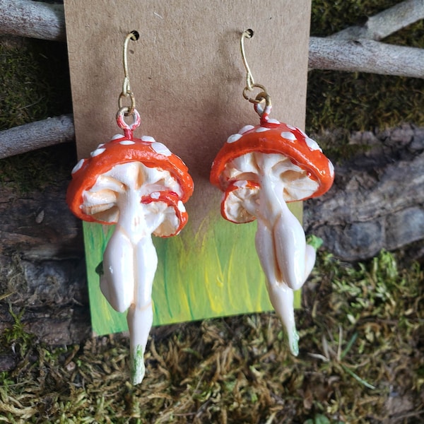 Mushroom Earrings 3D Printed Frolicking Amanita Mushroom Babe