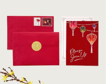 Set van 20 lantaarn uitnodiging met enveloppen & decoratieve stickers voor bruiloft, theeceremonies, Dam Hoi, Vietnamese bruiloft, partijen