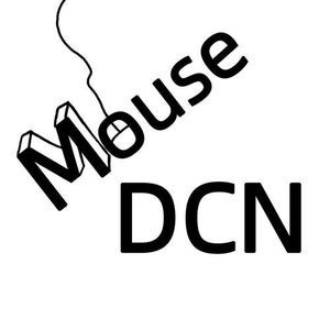 May include: A black and white graphic design featuring the word Mouse in a bold, three-dimensional font with a thin line extending from the letter o to a computer mouse icon, positioned above the capitalized letters DCN in a simple sans-serif font.