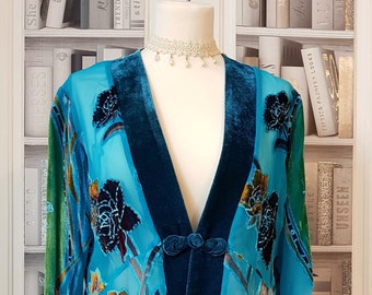 Kimono - Dreamkeeper - Beautiful Art Deco, Vintage,  Floral Rose, Peacock Blue, Burnt Out Design, Luxurious Feel,  Devore Jacket, Cover up