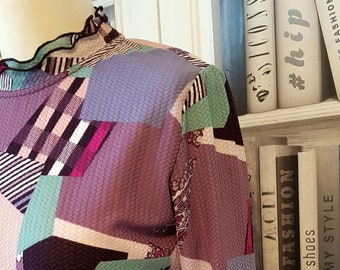 Vintage, Multi Print, Abstract - Patchwork Style, Frill  Neck, Top