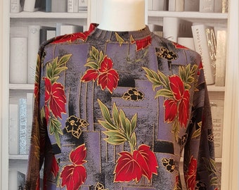 Vintage, Japaneese , Oriental, Leaf Print, Turtle Neck, Side Split with Tie Details, Top