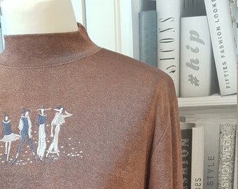 Vintage Bronze / Mocha / Latte - Slinky Embroidered Motif Top - Applique Style Top - French Chic - Fashion Model Top