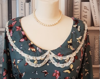 WW2 Vintage Style Ruby Rocks Butterfly Dress with Lace Trim Collar