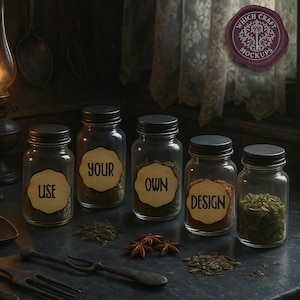 Herb Jar Mock up, 5 Spice Bottle Label Scene, Vintage Pantry Mock up JPG, Gothic Cottage Kitchen Style