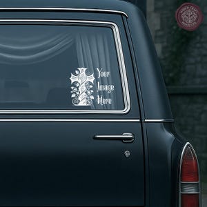 May include: A white decal on a black vehicle window features a cross design with floral and Celtic knot elements. The text "Your Image Here" is displayed vertically. The vehicle has a red taillight and a silver door handle.