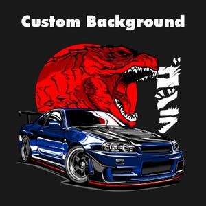 Custom car art featuring a blue Skyline GT-R with a bold red Godzilla design in the background. Perfect for car enthusiasts and JDM fans, this unique automotive artwork showcases detailed illustration and vivid colors, ideal for gifts or decor