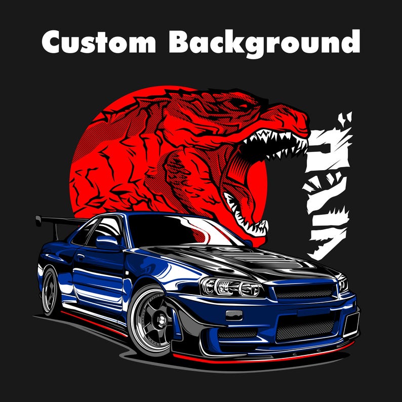 Custom car art featuring a blue Skyline GT-R with a bold red Godzilla design in the background. Perfect for car enthusiasts and JDM fans, this unique automotive artwork showcases detailed illustration and vivid colors, ideal for gifts or decor