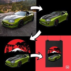 Custom car poster creation process showcasing a green car transformed into stunning automotive art with Mount Fuji background. Perfect for car guy gift, custom car prints, retro car poster, car lovers gift, classic car prints, and automotive decor