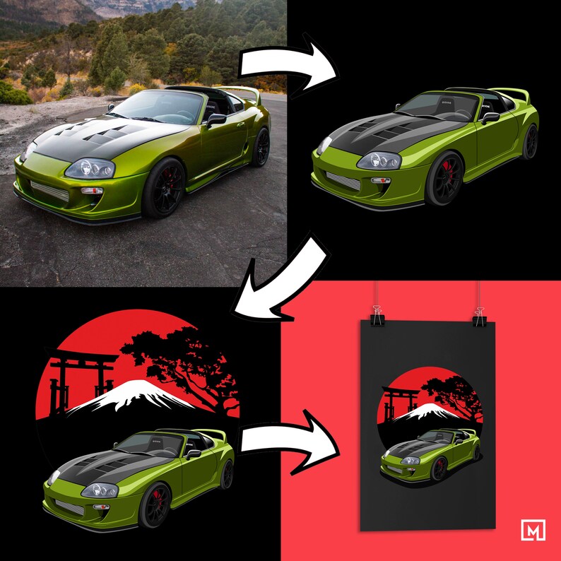 Custom car poster creation process showcasing a green car transformed into stunning automotive art with Mount Fuji background. Perfect for car guy gift, custom car prints, retro car poster, car lovers gift, classic car prints, and automotive decor