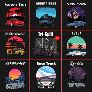 Collection of custom car art featuring iconic scenes: Mount Fuji, Mountainous trails, New York skyline, Retro car vibes, Tri-Split design, SoCal beaches, Vaporwave aesthetics, Race Track dynamics, and London elegance. Perfect for car enthusiasts