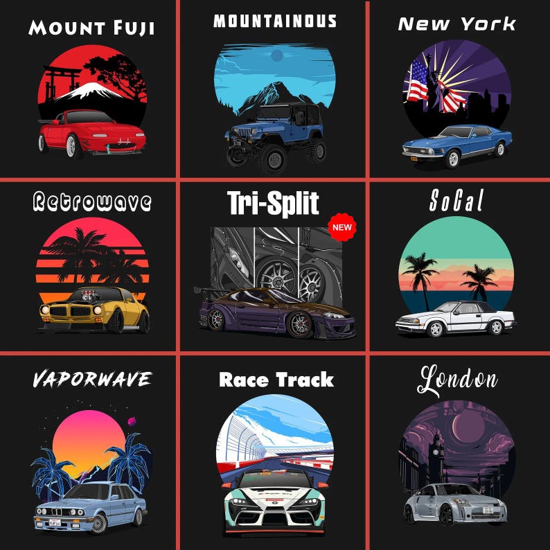 Collection of custom car art featuring iconic scenes: Mount Fuji, Mountainous trails, New York skyline, Retro car vibes, Tri-Split design, SoCal beaches, Vaporwave aesthetics, Race Track dynamics, and London elegance. Perfect for car enthusiasts