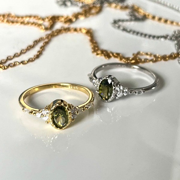 S925 Matcha Ice Ring Sterling Silver Gold | Minimal Jewelry | Tarnish-Free Non-Fading Jewellery | Vintage Baroque Gemstone