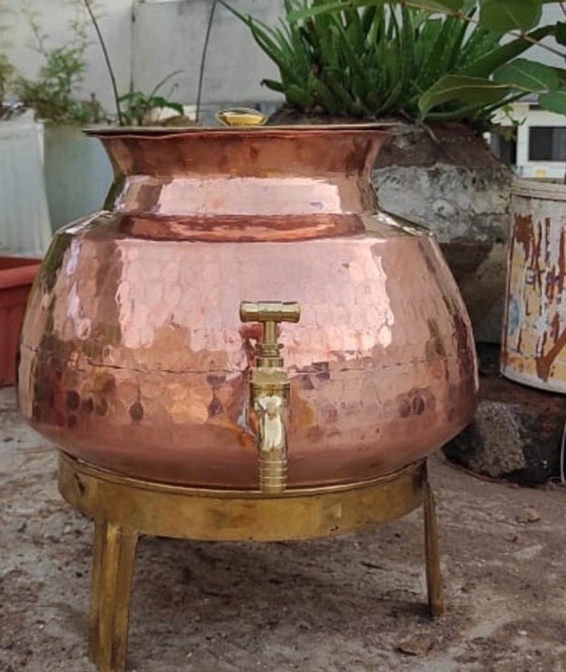 Pure copper water dispenser with brass Lid and stand /Handmade Etsy